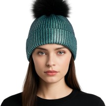 Adrienne Landau Sequin Beanie Hat OS Black Fox Fur Pom Metallic Iridesce... - $128.65