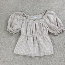 Old Navy Womens Top Small Cream Green Plaid Puff Sleeve Ruffle Trim Smocked Crop - £11.88 GBP