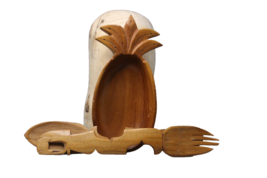 Monkey Pod Wood Bowl Pineapple Shaped Made in Hawaii Fork and Spoon Incl... - $12.46