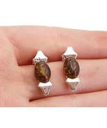 925 Sterling Silver - Cabochon Cut Amber Shiny Petite Drop Earrings - EG... - £21.87 GBP