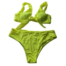 Bright Yellow Two Piece Swimsuit Bikini Tie Front Neon Womens Medium Padded - $17.60
