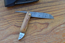 vintage handmade damascus steel folding knife 5171 - $55.00
