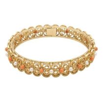 VTG Mid Century Gold Tone Filigree Bangle Bracelet With Coral &amp; Pearl Ac... - $59.35
