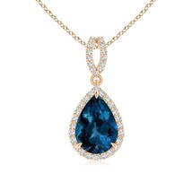 ANGARA Vintage Style Pear London Blue Topaz Halo Pendant in 14K Solid Gold - £1,116.36 GBP