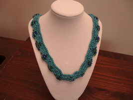 Scallop Edge Beaded Necklace Knit blue beaded free shipping - $25.00