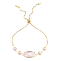 Oval Shaped Pink Quartz with Pearls Gold-Plated Pull String Bracelet - £15.27 GBP