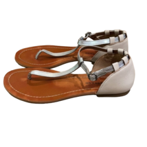 Lucky Brand Ezzra Womens Sandals Size 8 Leather T Strap Thong Flat Beige Silver - $15.00