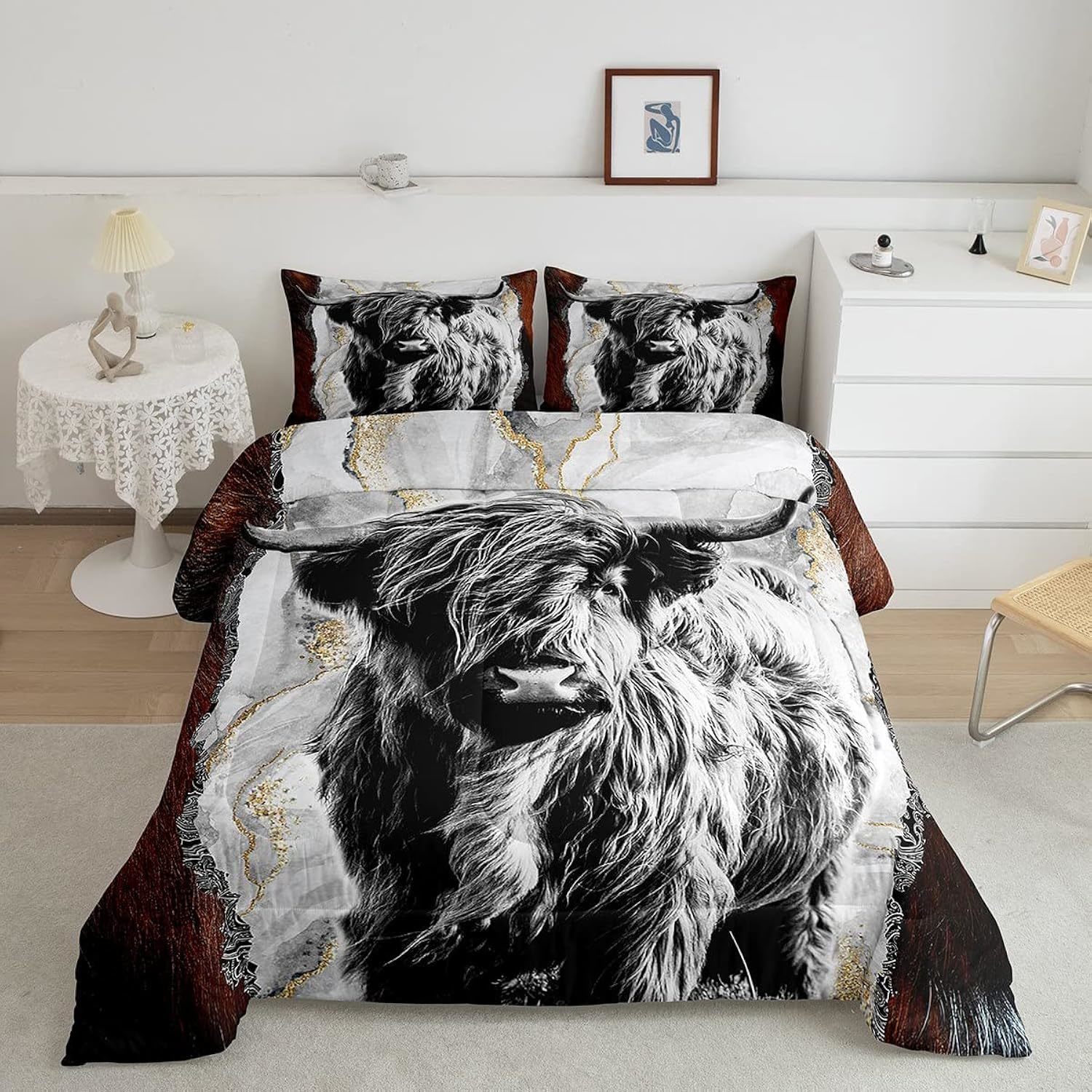 Highland Cow Comforter Set King,Bull Cattle Bedding Set,Gold Grey Marble Duvet I