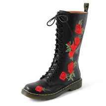 Women&#39;s Riding Boots Rose Embroidery Mid-Calf Booties Woman Autumn Winter Casual - £44.52 GBP