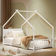 White Twin Metal House Bed w/ Roof &amp; Lights - Kids/Teens, No Box Spring. - $165.99