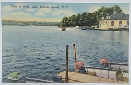 NY Retro View of White Lake Sullivan County Showing Boats, Pier Postcard T12 - $9.95