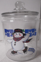 Snowden Clear Round Glass Cookie Jar Canister Ice Skating Snowman w Lid ... - $22.65