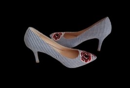Nine West 9M Shoes Heel 3&quot; Blue Stripe Floral Sequins Pointed Toe - £14.09 GBP