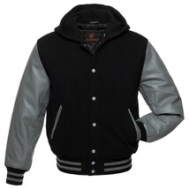 Bomber Varsity Letterman Baseball Hoodie Jacket Black Body Gray Leather Sleeves - £78.93 GBP