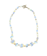 Moonstone Glass Chunky Beaded Necklace Iridescent Cube Silver Tone 16&quot; - £17.67 GBP