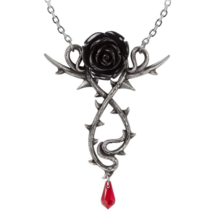 Alchemy Gothic Carpathian Black Rose Necklace Red Crystal Blood Drop Thorny P927 - £41.54 GBP