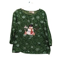 Snowman and Rabbit Blouse Top Sequin Sparkle Snowflakes Size XL Green Sw... - $269.81 MXN