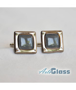Cufflinks handmade painted grey glass decorated with platinum, square - $25.90
