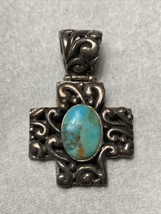 925 Sterling Turquoise Cross Pendant Charm American Southwest Gothic Flair 14g - £35.01 GBP
