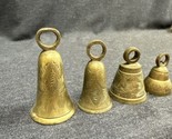 Set Of 4 Vintage Brass Bells Etched Engraved Leaves Vines Pattern - $18.81