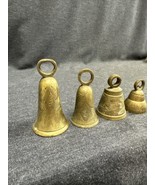Set Of 4 Vintage Brass Bells Etched Engraved Leaves Vines Pattern - £14.99 GBP