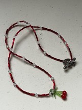 Red &amp; White Tiny Plastic Bead w Small Glass Double Cherries Fruit Pendan... - $9.49