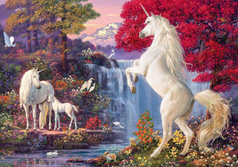 Framed Canvas Art Print Painting Unicorns Foal In Forest Waterfall Garden - £31.64 GBP+