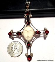 Statement Jewelry Sterling Silver Garnet Cross Pendant Handcarved Goddess face  - £135.88 GBP