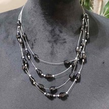 Fashion Three Layer Handmade Charm Necklace Black Rhinestones Beaded With Lobste - $27.00