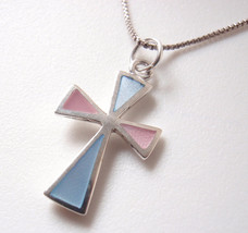 Genuine Pink and Blue Mother of Pearl Ankh Cross 925 Sterling Silver Necklace - £18.08 GBP