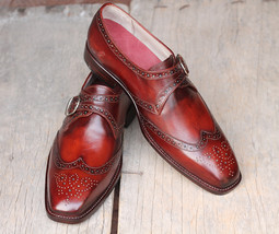Handmade Men&#39;s Burgundy Leather Dress Shoes, Men Monk Strap Wing Tip Shoes - £117.72 GBP+