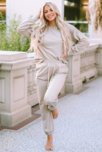 Beige Long Sleeve Top and Drawstring Pants Lounge Outfit - £38.55 GBP