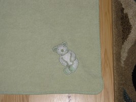 Pottery Barn Kids Green White Fleece Baby Stroller Blanket Teddy Bear Stitching - £33.39 GBP