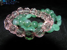 Estate Lot of 3 Faceted Light Pink &amp; Green Flat Oval Plastic Bead Stretch Brace - £5.57 GBP