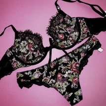 Victoria&#39;s Secret sans Doublure 38B Soutien-Gorge Ensemble Noir Sexy Rose Floral - £55.37 GBP