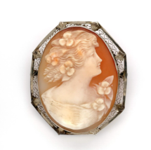 14k Yellow Gold Genuine Natural Shell Cameo Pin Filigree Applied Leaves ... - £263.31 GBP