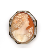 14k Yellow Gold Genuine Natural Shell Cameo Pin Filigree Applied Leaves ... - $6,181.86 MXN