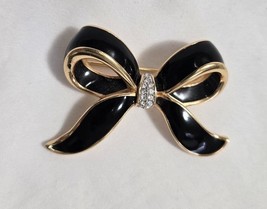Swarovski Gold Tone Crystal Bow Brooch Pin, Black Enameled Signed - $23.75