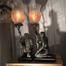 Pair Antique Monkey Lamps Cast Iron Victorian Glass Hand Painted Shades Monkeys - £2,845.34 GBP