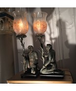 PAIR ANTIQUE MONKEY LAMPS CAST IRON VICTORIAN GLASS HAND PAINTED SHADES ... - $4,874.50 CAD