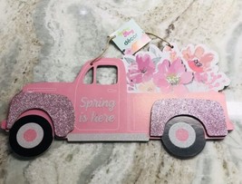 Spring Fling Pink Pickup Truck Hanging Sign-Glittered. ShipN24hours-Flowers - £13.35 GBP