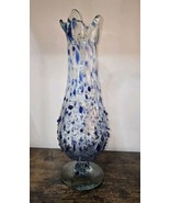 Vintage Swung Art Glass Vase Blue Confetti Hand Blown 15&quot; - $98.01