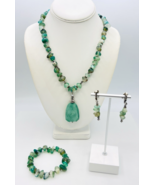 Artisan Beaded Green Stone Necklace Bracelet Earrings Set Acrylic Pendant - $31.68