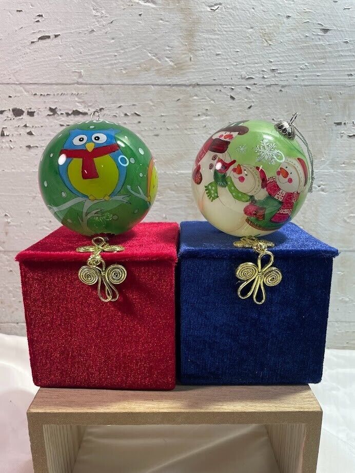 Pair 2012 Li Bien Pier One Holiday Ornaments Snowman Family Owls in Velvet Boxes - $29.03