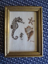 Framed Seahorse, Seashell, Starfish Sea Creatures Cross Stitch - 6-1/4&quot; X 8&quot; - £9.49 GBP