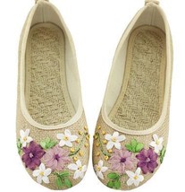 Vintage Embroidered Women Flats Flower Slip On Cotton Fabric Linen Comfortable O - £21.11 GBP