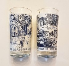 Currier &amp; Ives Tumbler LOT  Blue White RARE STYLE 10 oz Glass Bar Ware 5.5&quot; - £19.40 GBP