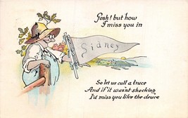 Sidney New York ~ Gosh ! How I Miss You IN ~ Gagliardetto Testo Cartolina 1930s - £7.12 GBP