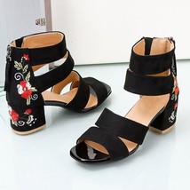 Lucyever 2021 Summer Women Embroidery Sandals Flowers Square High Heels Shoes Ca - £36.46 GBP