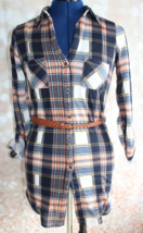 Impulsive Junior&#39;s Blue, Tan Plaid Long Sleeve Button-Up Belted Shirt Dr... - £10.94 GBP
